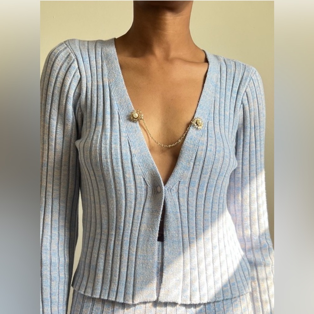 AFRM Light Blue Ribbed Cardigan with Chain Detail